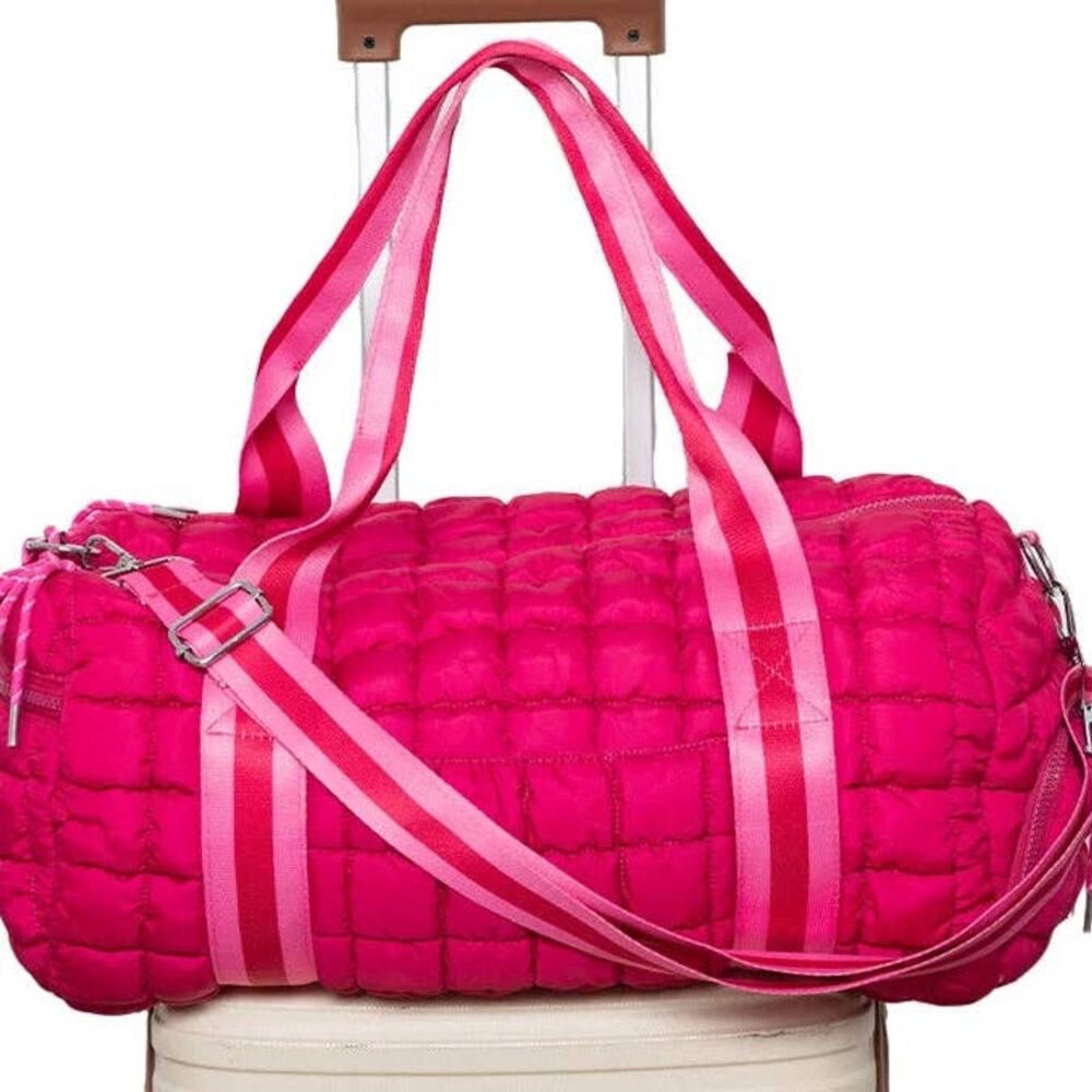 Hot Pink Striped Quilted Duffel Weekender Bag
